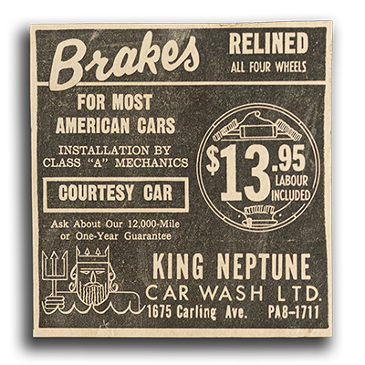 Vintage brake replacement advertisement with hand drawn automotive commercial artwork