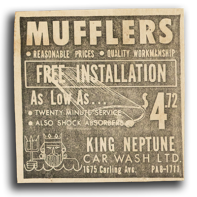Vintage Canadian automotive advertisement promoting muffler replacement services