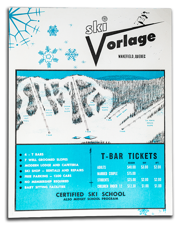 Vintage hand drawn ski resort advertisement from Wakefield Quebec promoting Canadian winter tourism